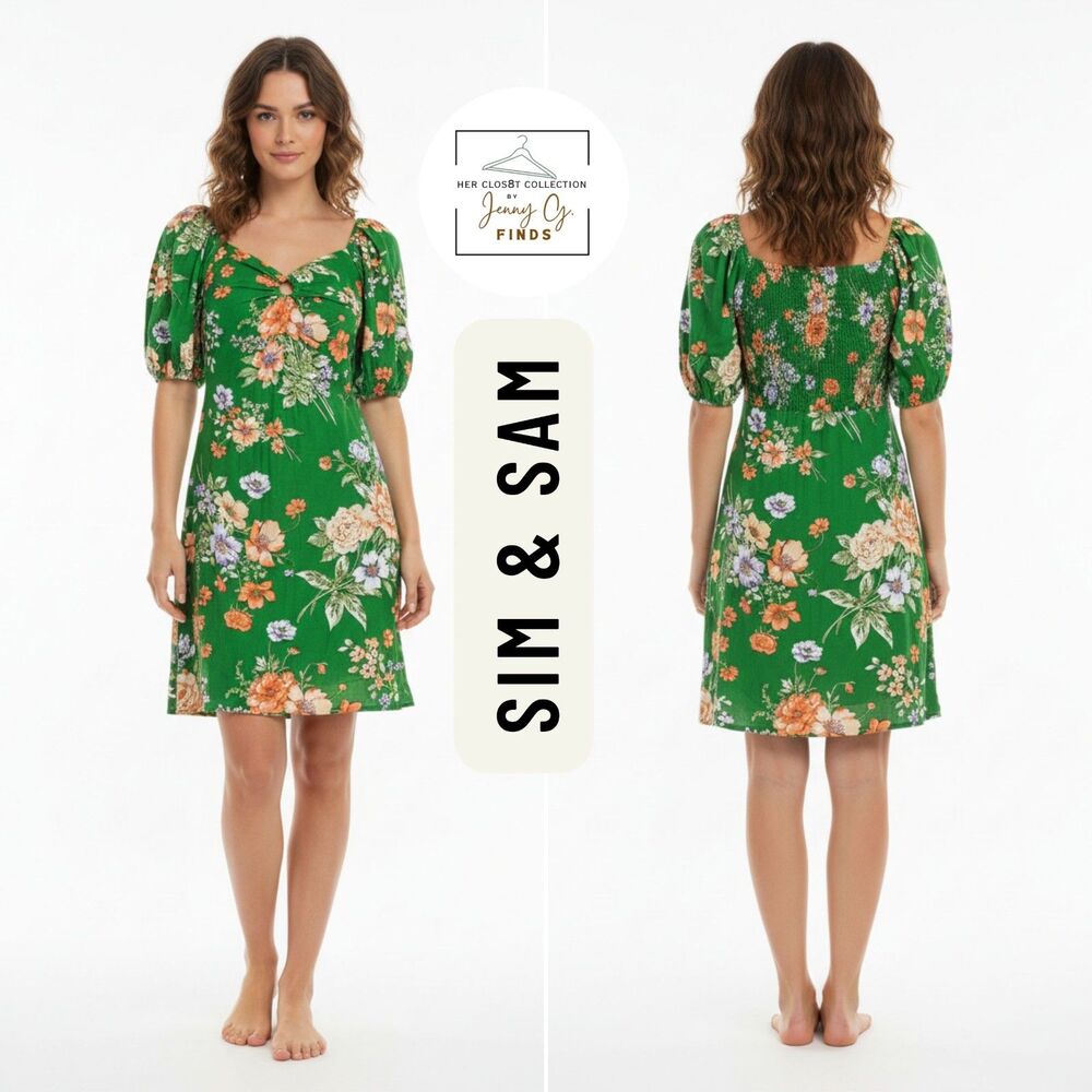 Sim & Sam Linen Blend Floral  Green Dress NWT Sz Med